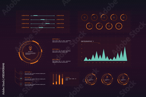 Neon data visualization elements on dark background with graphs and charts