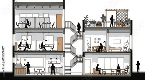 Architectural section drawing of a modern multi story building with people depicted on each floor