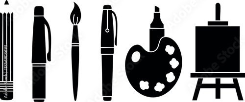 Art supplies icons set including pencil pen brush marker palette easel vector illustration