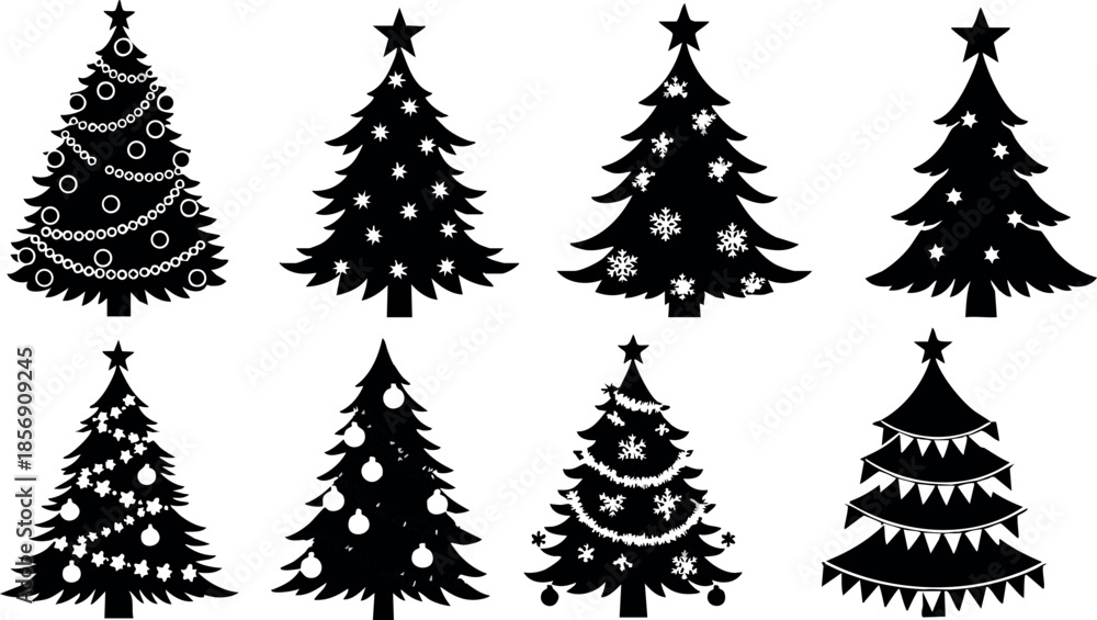 Fototapeta premium Christmas tree silhouettes with decorations and stars in black vector design for holiday season festive use