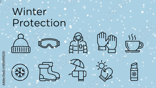 Essential winter protection gear and cozy accessories depicted in a set of stylish line art icons for cold weather comfort