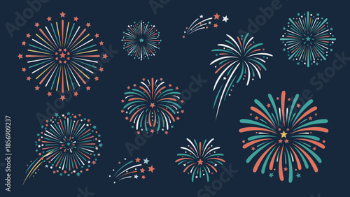 Collection of diverse fireworks displays in vibrant colors