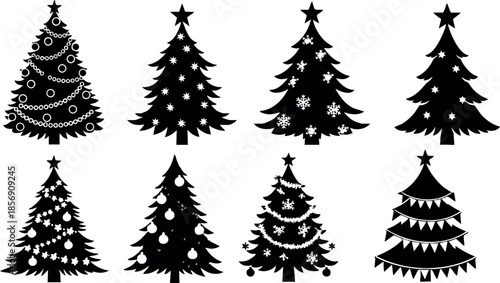 Christmas tree silhouettes with decorations and stars in black vector design for holiday season festive use