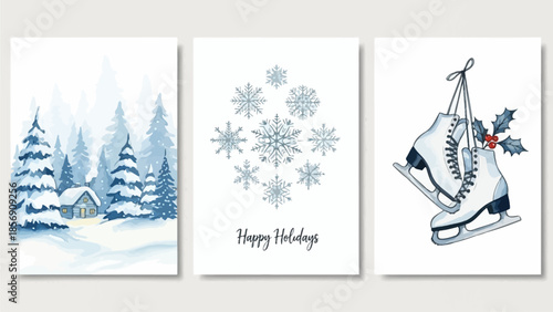 Cozy Winter Holiday Watercolor Illustrations Set with Snowy Forest, Festive Snowflakes, and Ice Skates for Christmas Greetings and Seasonal Design