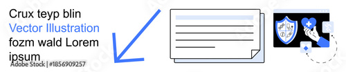 Data protection, online privacy, cybersecurity, secure access, authentication, sensitive information. Shield icon next to document and blue arrow pointing. Data protection and online privacy idea