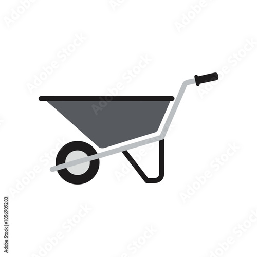 A simple flat design illustration of a gray wheelbarrow.