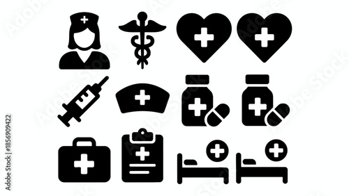 Diverse Collection of Essential Healthcare and Medical Icons Representing Wellness, Treatment, and Medical Professionals and Services