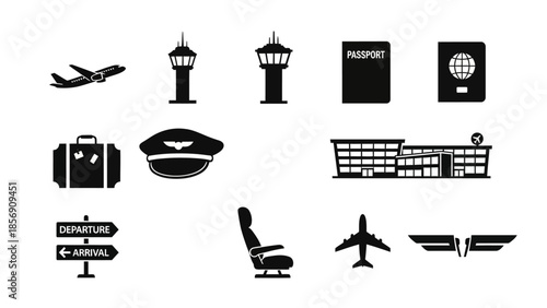 Essential air travel and airport vector icons set, depicting various elements of aviation, flight, and global transportation services