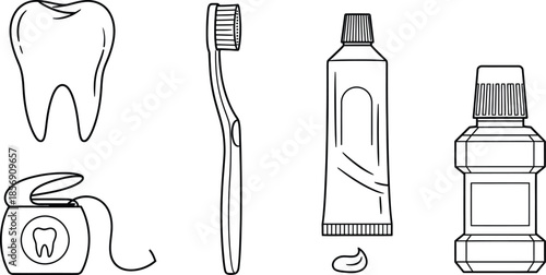 Outline illustration set of 5 dental care icons tooth toothbrush toothpaste tube floss and mouthwash bottle