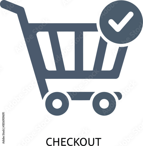 Shopping cart icon with check mark checkout purchase done complete order buy shop retail