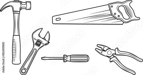 Outline illustration set of 5 carpentry tools hammer saw wrench screwdriver and pliers