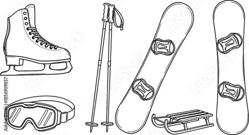 Outline illustration set of 5 winter sports items ice skate ski pole snowboard goggles and sled