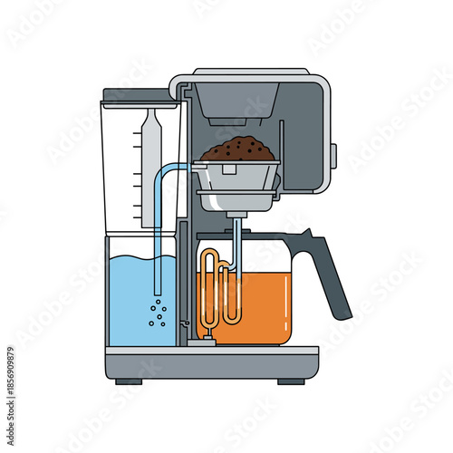 Coffee machine illustration showing internal components and brewing process.