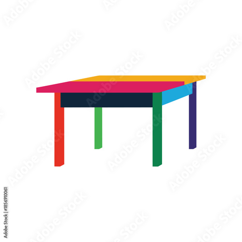 Colorful square table with vibrant hues and sturdy legs for various purposes.