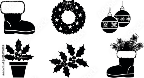 Christmas holiday decorations vector set with boots, wreath, holly, and baubles for festive season design