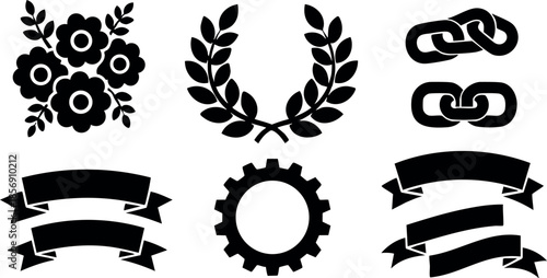 Floral wreath gear chain and ribbon banners vector design elements set for decoration and graphic projects