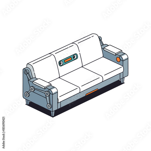 Futuristic three seater sofa with integrated armrests and control panel.