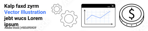 Business growth, financial planning, software development, process management, data analysis, technology. Graph chart next to gears and dollar coin. Business growth and financial planning concept