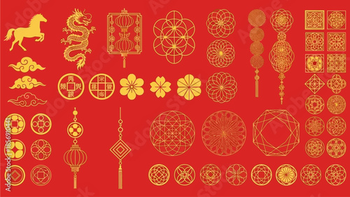 Golden Chinese New Year Traditional Ornaments Collection with Auspicious Symbols. Festive Asian Cultural Decorative Elements for Celebratory Design on Red Background