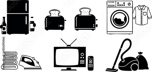 Household appliances collection including refrigerator toaster washing machine iron television vacuum cleaner vector illustration