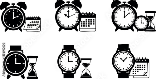 Alarm clocks with calendar and hourglass icons time management and scheduling concept vector set