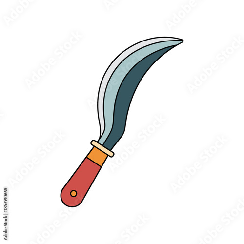 Hand drawn illustration of a sharp sickle with a red handle.