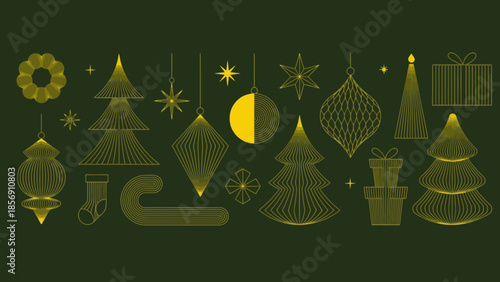 Elegant golden line art Christmas and New Year holiday elements set on a dark green background, perfect for festive seasonal designs, celebrations, and greeting cards