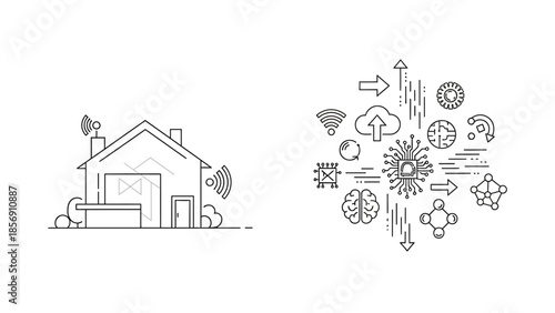 Outline illustration of smart home technology, artificial intelligence, and interconnected digital networks for modern living and data processing solutions