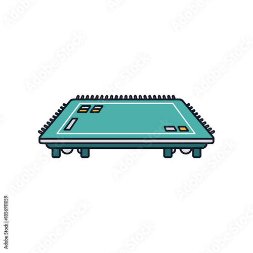 Microprocessor chip with pins and integrated circuits on a white background.