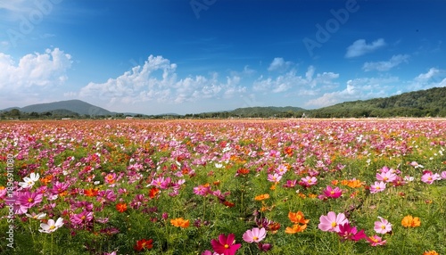 Wallpaper Mural a wide field of colorful cosmos flowers blooming under a blue sky with clouds Torontodigital.ca
