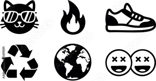 Cool cat with sunglasses fire flame sneaker shoe recycling earth planet happy faces vector icons set