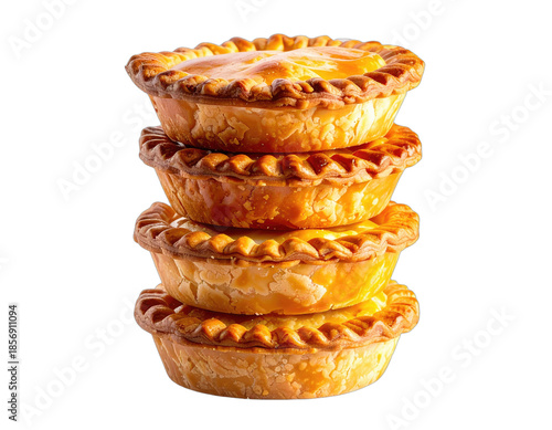 A stack of four golden-brown baked pastries with flaky crusts, isolated on a black background