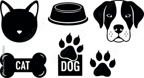 Pet icons featuring cat and dog heads with paw prints and food bowl vector design for animal lovers and pet care illustrations