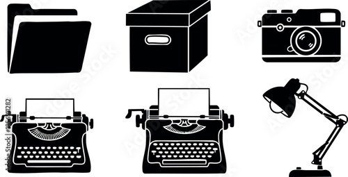 Vintage office equipment icons including folder box camera typewriter and desk lamp vector illustration