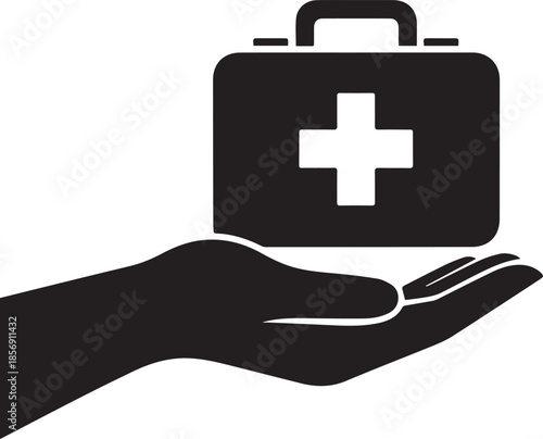 Silhouette first aid kit in hand doctor. Medical equipment and medications. Healthcare concept. Vector illustration flat design. Emergency template banner. Help colds. Syringe pill pipette