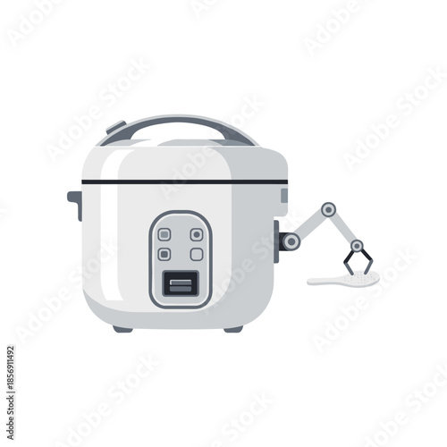 Modern Rice Cooker with Robotic Arm Serving Spoon.