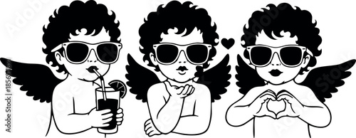 Cute cherub angels wearing sunglasses with different hand gestures in black and white vector design