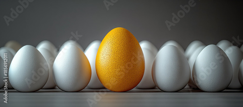 Yellow Egg with Spots Among White Speckled Eggs. 3D rendering, bright yellow egg with stands out among white speckled eggs, symbolizing uniqueness, nonconformity