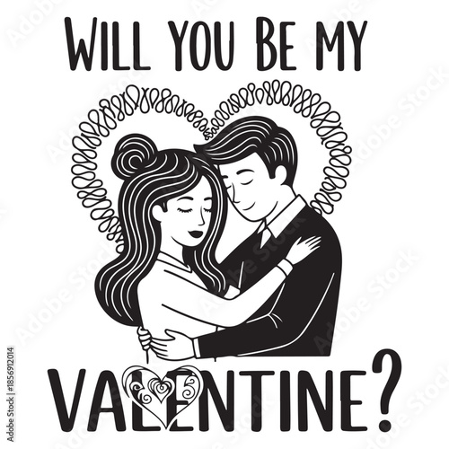 Will You Be My Valentine Text with Love Shape Couple – Romantic T-Shirt Vector Design