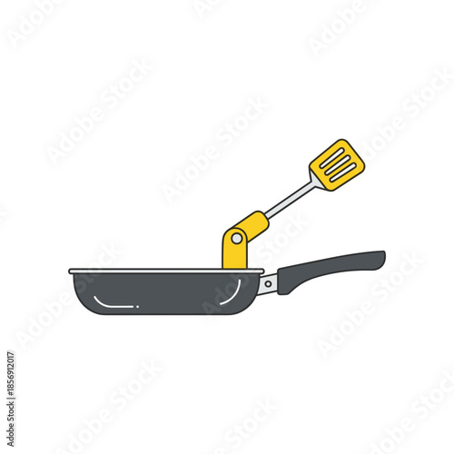 Robotic arm holding a spatula over a frying pan.