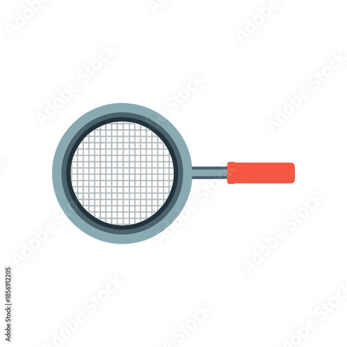 Simple flat illustration of a kitchen strainer with a red handle.