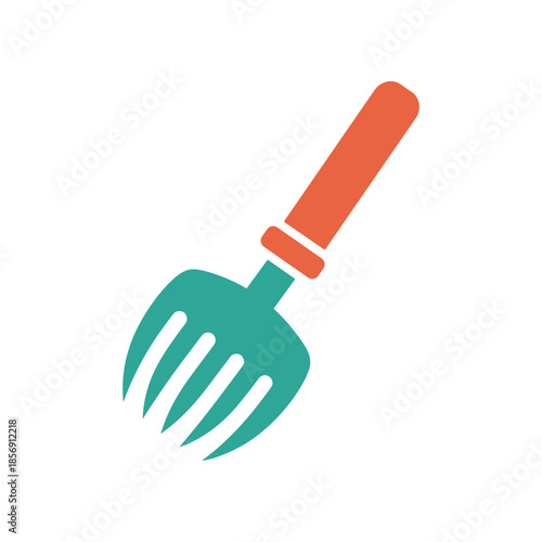 Simple graphic illustration of a garden fork with a green head and orange handle.