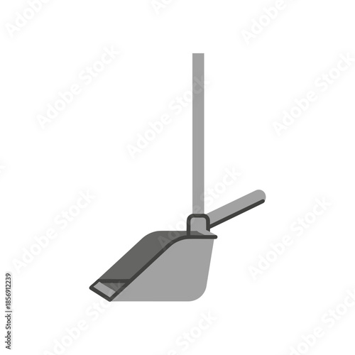 Simple gray scale vector illustration of a dustpan with a long handle.