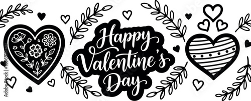 Valentine’s Day Hearts with Floral and Leafy Decorative Elements Vector Design in Black and White