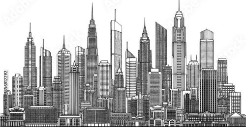 Transparent PNG available
Detailed architectural line drawing of a modern city skyline with diverse skyscrapers and urban landscape