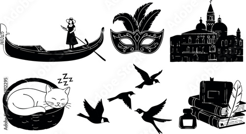 Venetian gondola traveler mask historic buildings sleeping cat flying birds classic books vector illustration