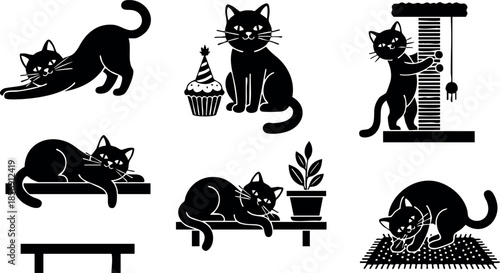 Cat silhouette set with playful, resting, curious poses and cupcake vector illustration for pet lovers