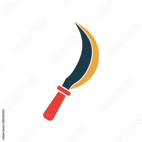 Stylized illustration of a sickle tool with a red handle.