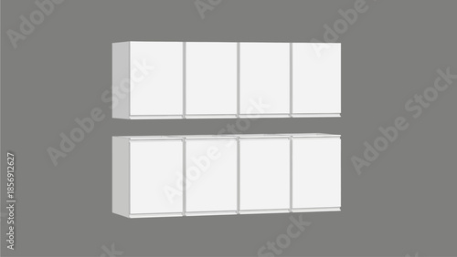 Set of clean, modern white wall-mounted storage cabinets with minimalist design, ideal for kitchen, office, or bathroom organization
