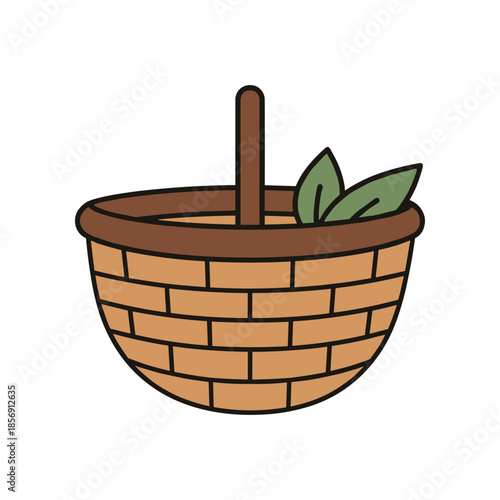 Woven basket with handle and green leaves perfect for gathering.